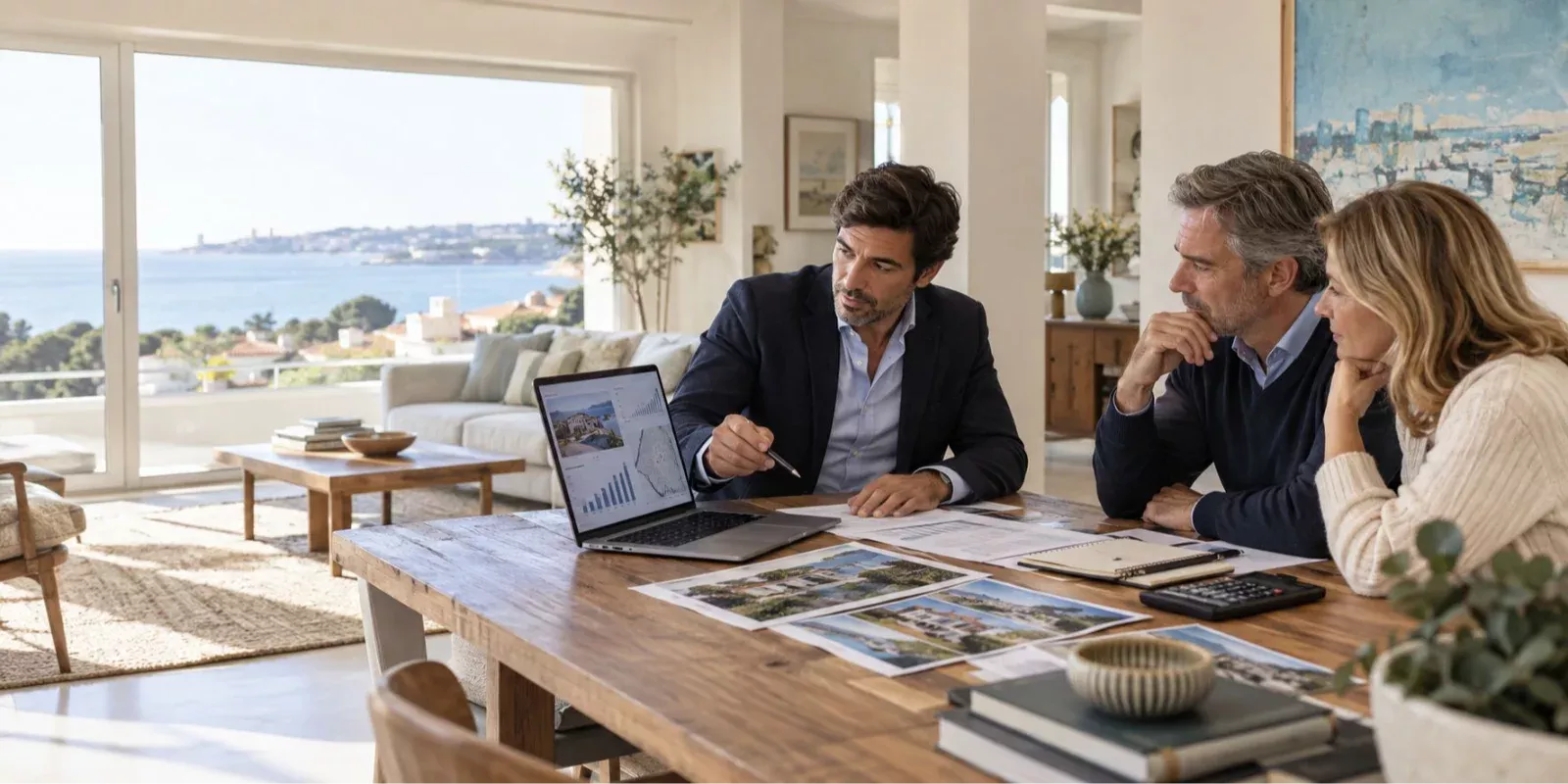Real estate agent discussing property values, earnings and commissions with homeowners in Cascais, Portugal.