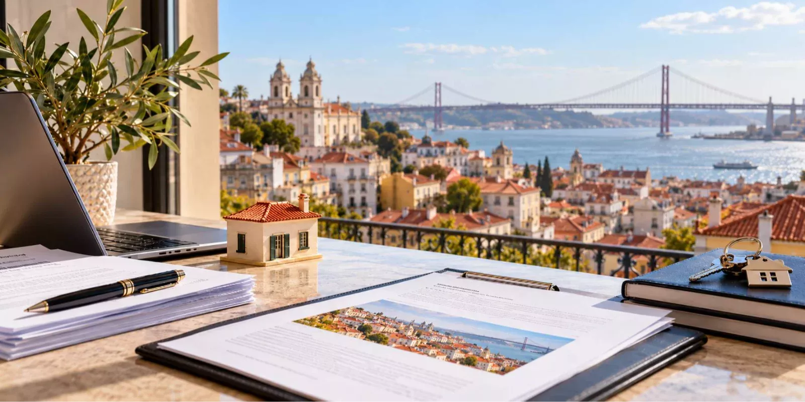 Property purchase documents and financial records overlooking Lisbon and the 25 de Abril Bridge, illustrating proof of source of funds requirements in Portugal.