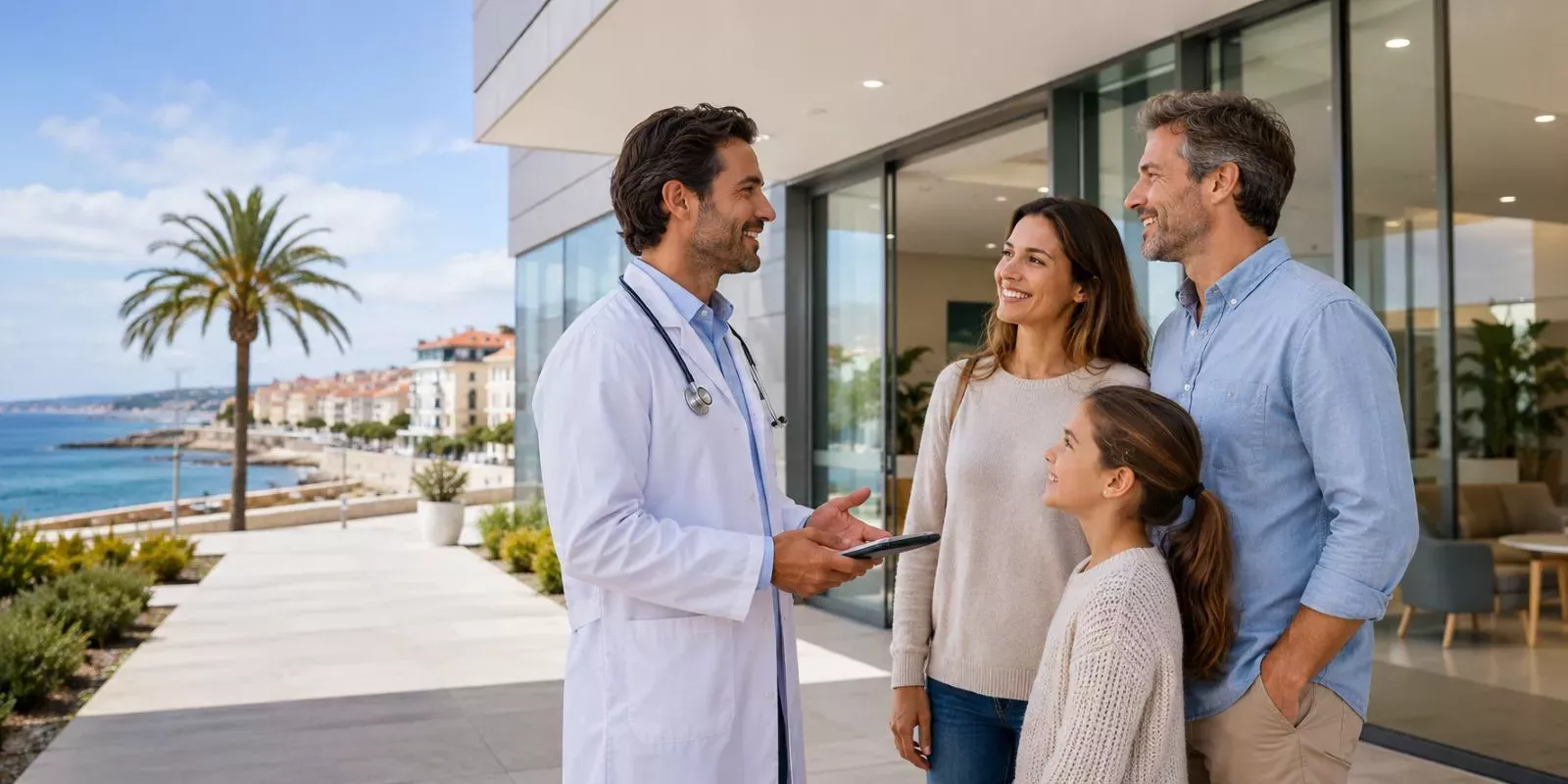 Portuguese doctor speaking with an expat family outside a modern healthcare clinic in Cascais, Portugal.