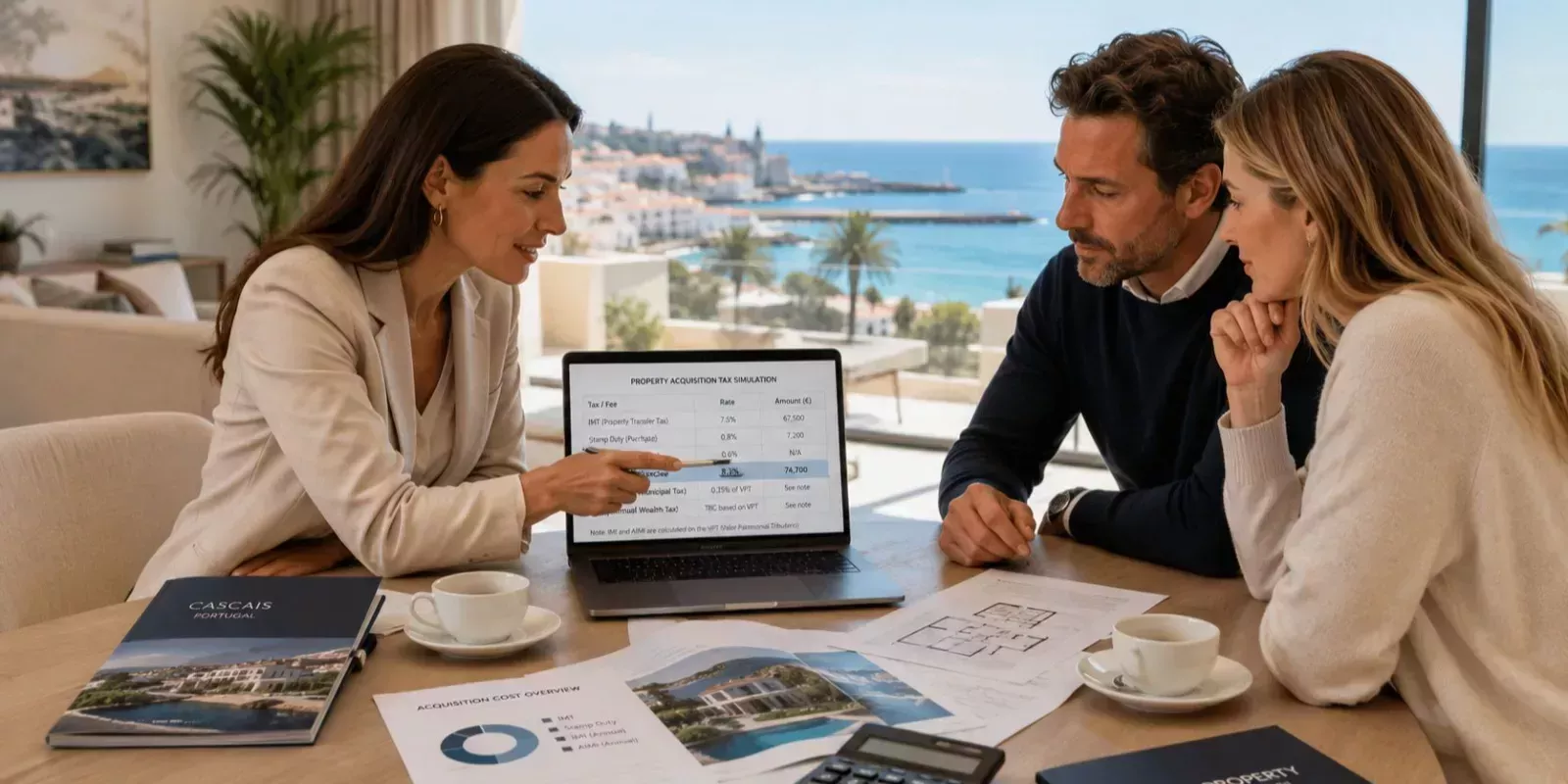 International buyers reviewing a property tax simulation for buying real estate in Cascais, including IMT, Stamp Duty, IMI and AIMI costs.