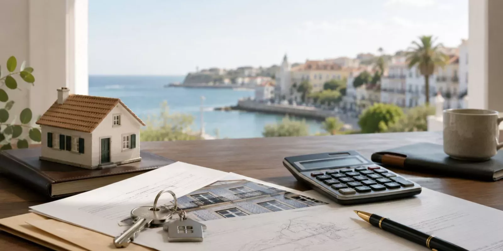 Documents, keys and calculator representing the sale of inherited property in Portugal and capital gains tax for heirs.
