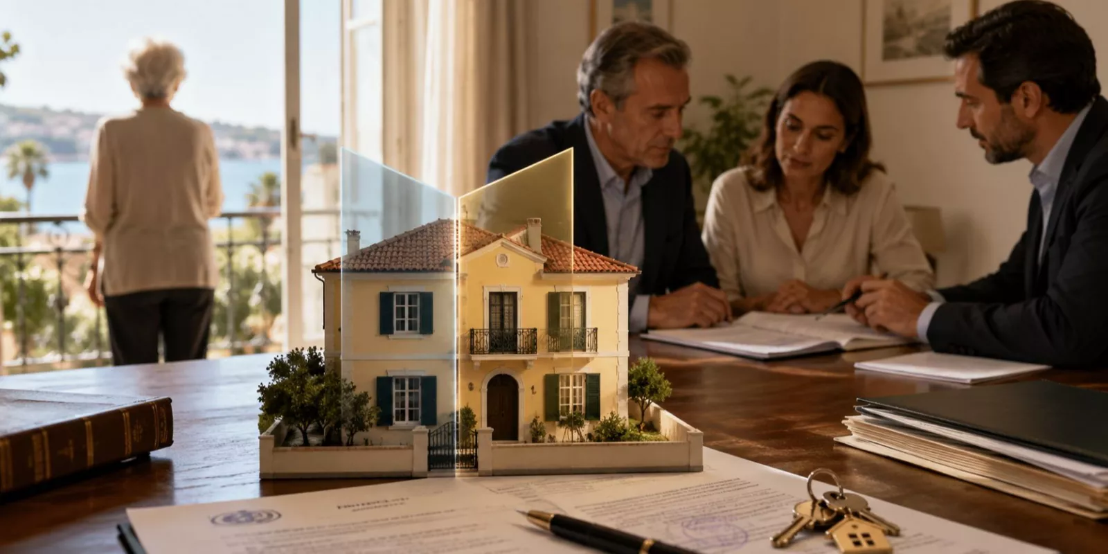 Foreign heirs reviewing an inherited property with usufruct in Portugal, showing bare ownership, legal documents and property valuation.