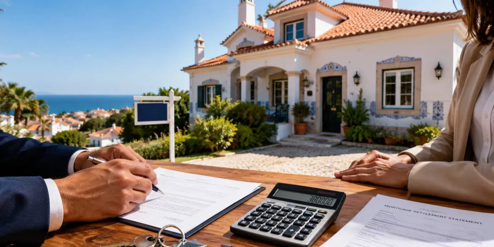 Selling a property in Portugal with a mortgage, bank settlement documents, calculator and house keys