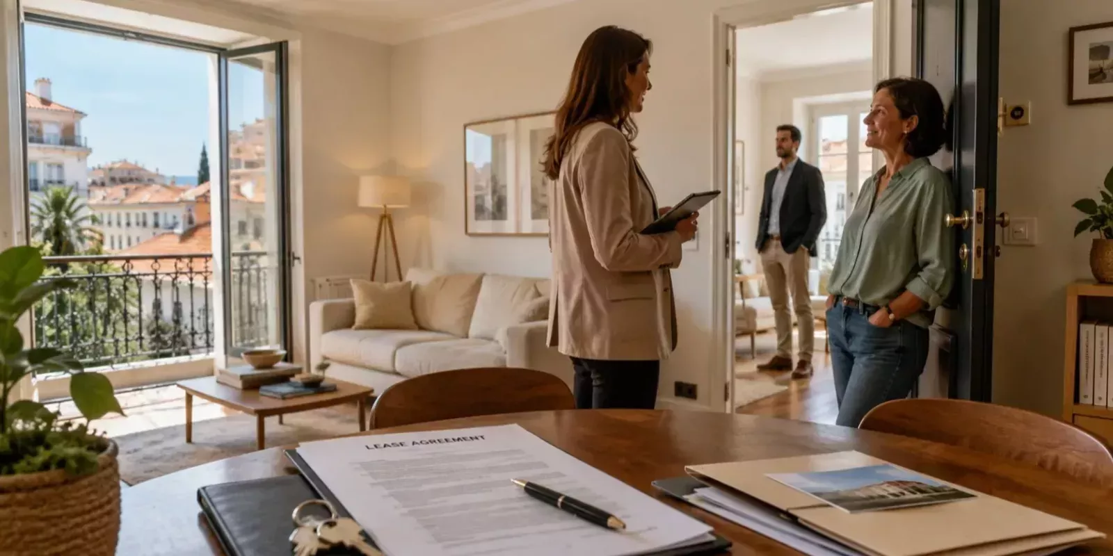 Real estate agent discussing the sale of a tenanted property in Portugal with the existing tenant and a prospective buyer.