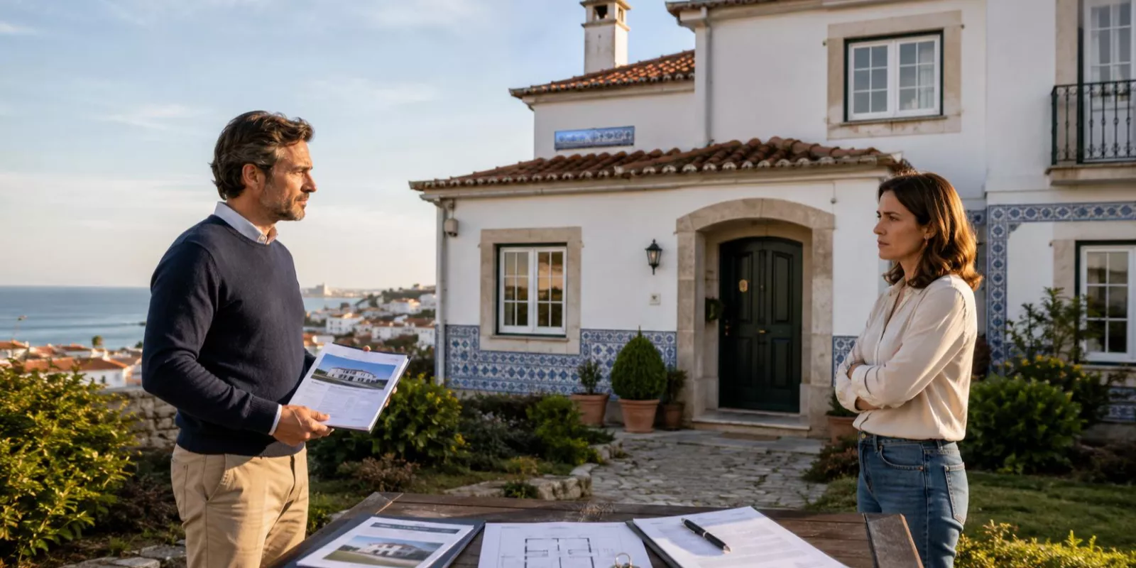Two co-owners discussing the sale of a jointly owned property in Portugal.