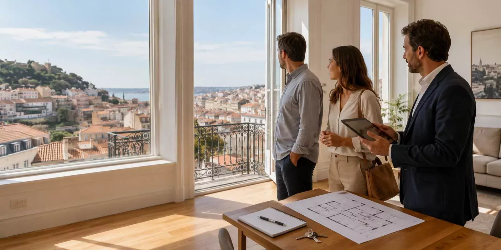 Foreign couple viewing Lisbon apartments with a local real estate advisor before buying property in Portugal.